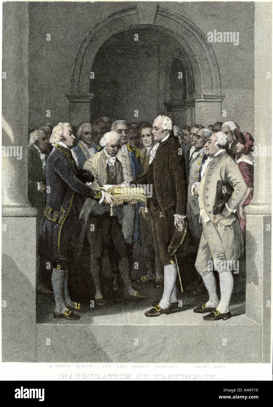 Amtseinführung von Präsident George Washington in New York City 1789. Handcolorierte Stahlstich Stockfoto