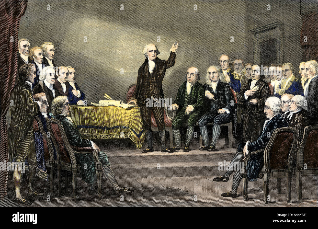 Verfassungskonvent 1787 mit George Washington, den Vorsitz über die Debatte. Handcolorierte Stahlstich Stockfoto
