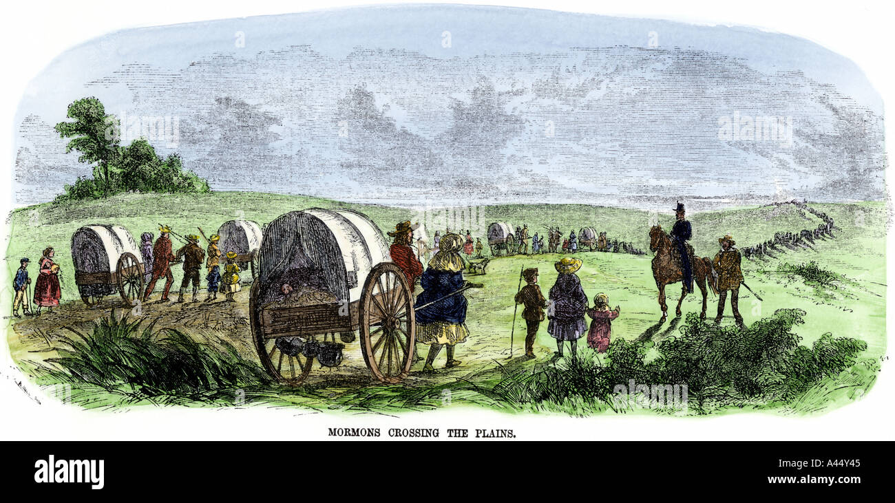 Mormon Trail Siedler Hand ziehen - karren über die Ebenen nach Utah 1850. Hand - farbige Holzschnitt Stockfoto