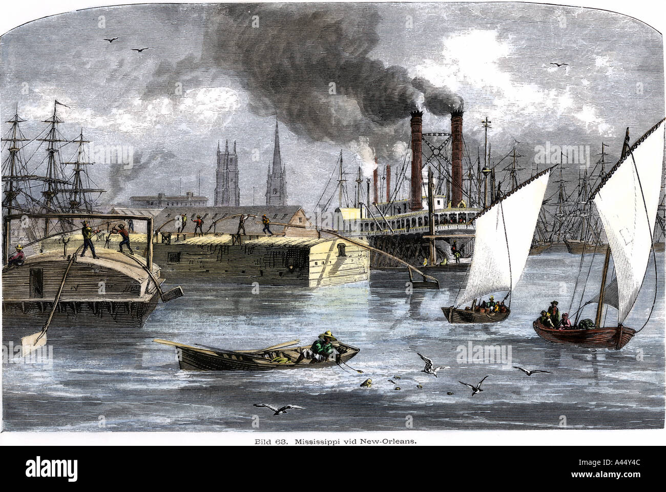 Riverboat Verkehr auf dem Mississippi River in New Orleans ca. 1880. Hand - farbige Holzschnitt Stockfoto