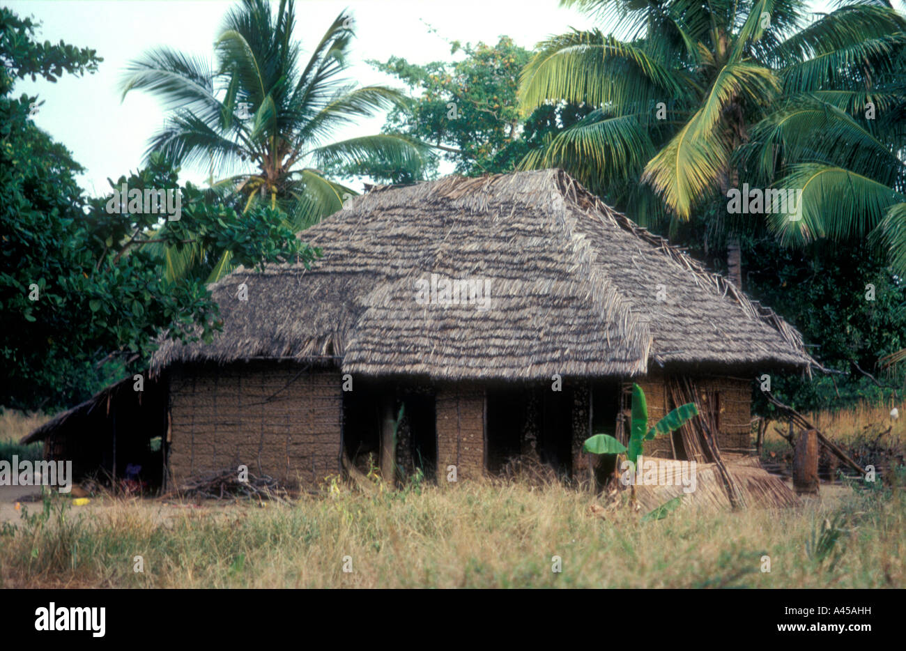 Traditionelle Swahili House mit Palm Stroh Dach und Wände aus Lehm und Korallen Lappen Sansibar Tansania Ostafrika Stockfoto