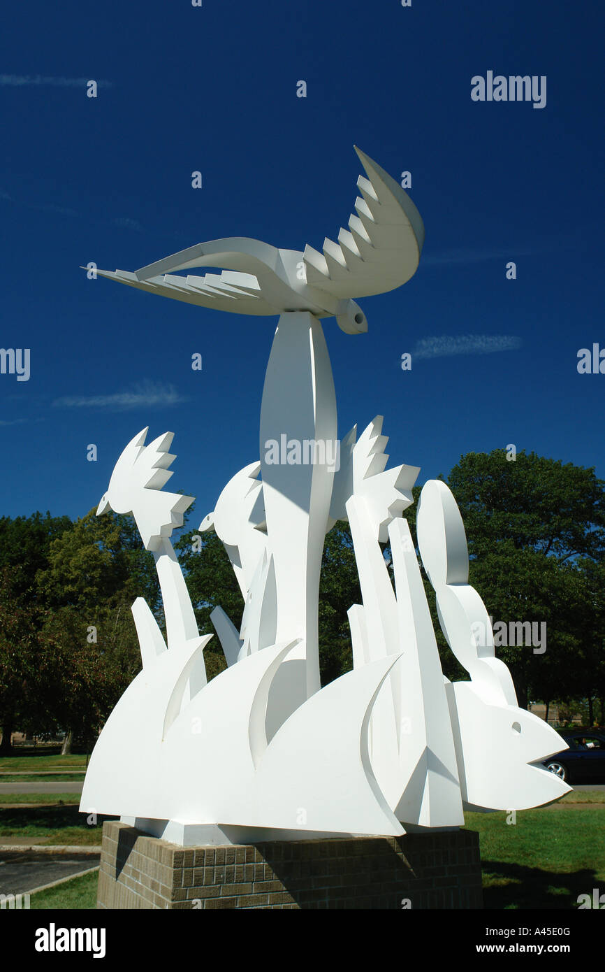 AJD57660, Grand Haven, MI, Michigan, Fisch & Vogel Skulptur Stockfoto