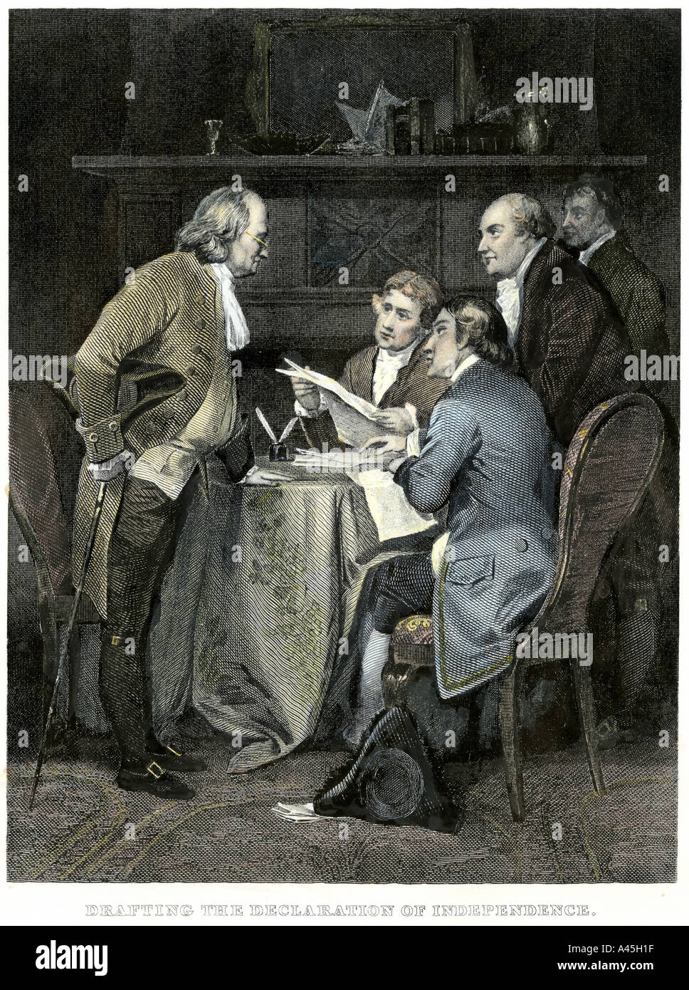Ausschuss schriftlich die Erklärung der Unabhängigkeit 1776: Franklin, Jefferson, Livingston, Adams und Sherman (links-rechts). Hand - farbige Gravur Stockfoto