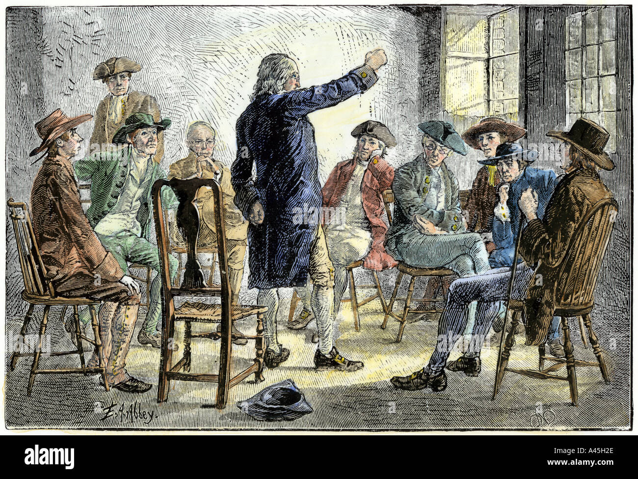 Ein Treffen der Kolonisten gegen britische Behandlung vor der Amerikanischen Revolution. Hand - farbige Holzschnitt Stockfoto