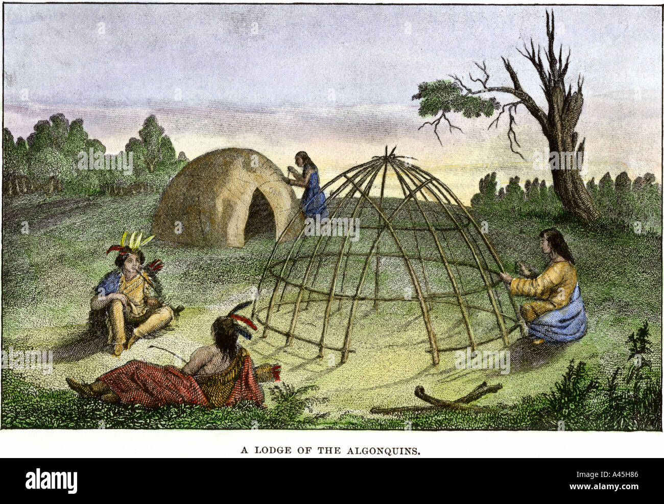 Algonquins Gebäude a Wigwam. Handcolorierte halftone einer Abbildung Stockfoto