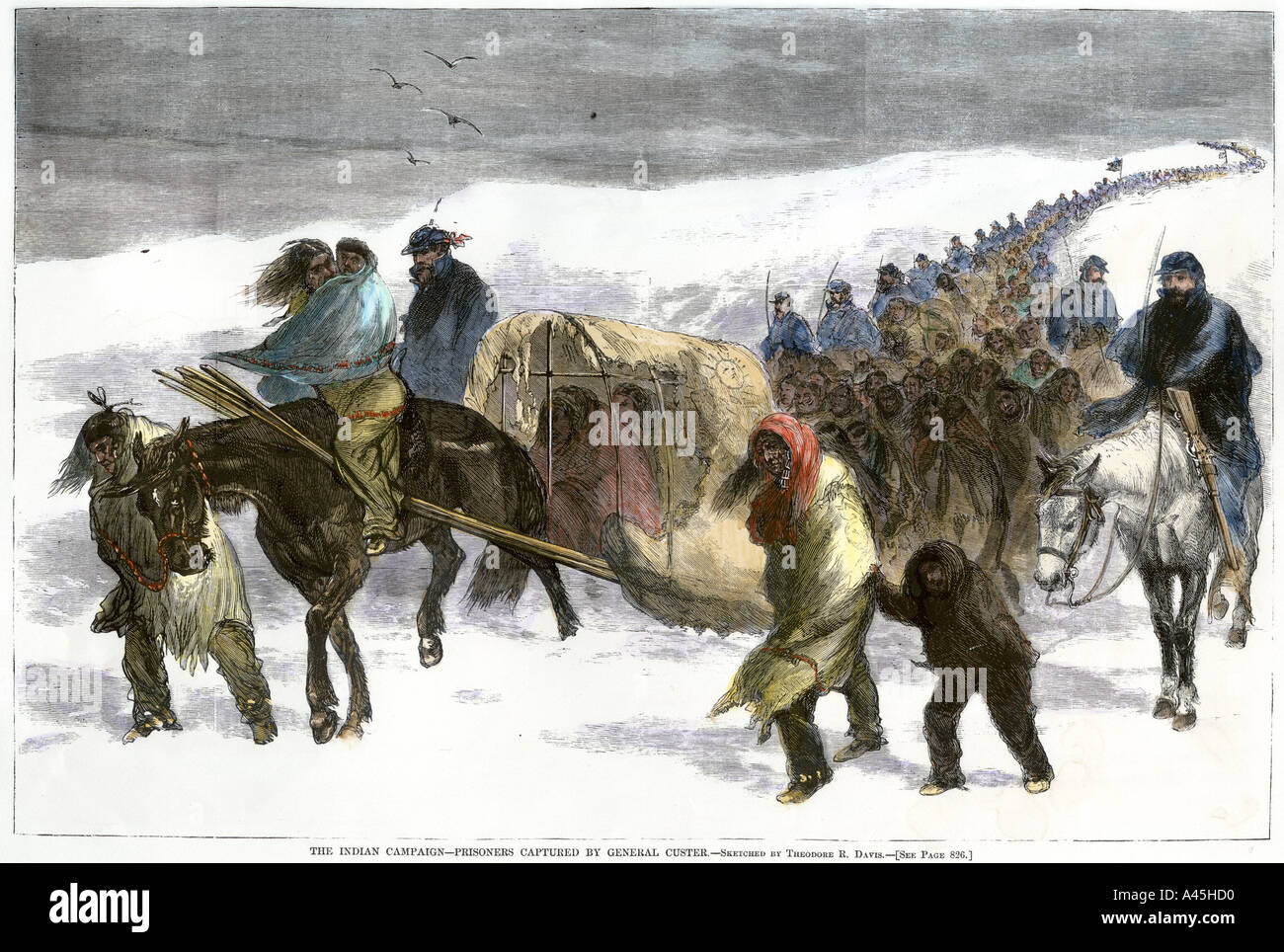 Native American Häftlinge marschierten über die verschneite Wiese von General George Custer 1868. Hand - farbige Holzschnitt Stockfoto