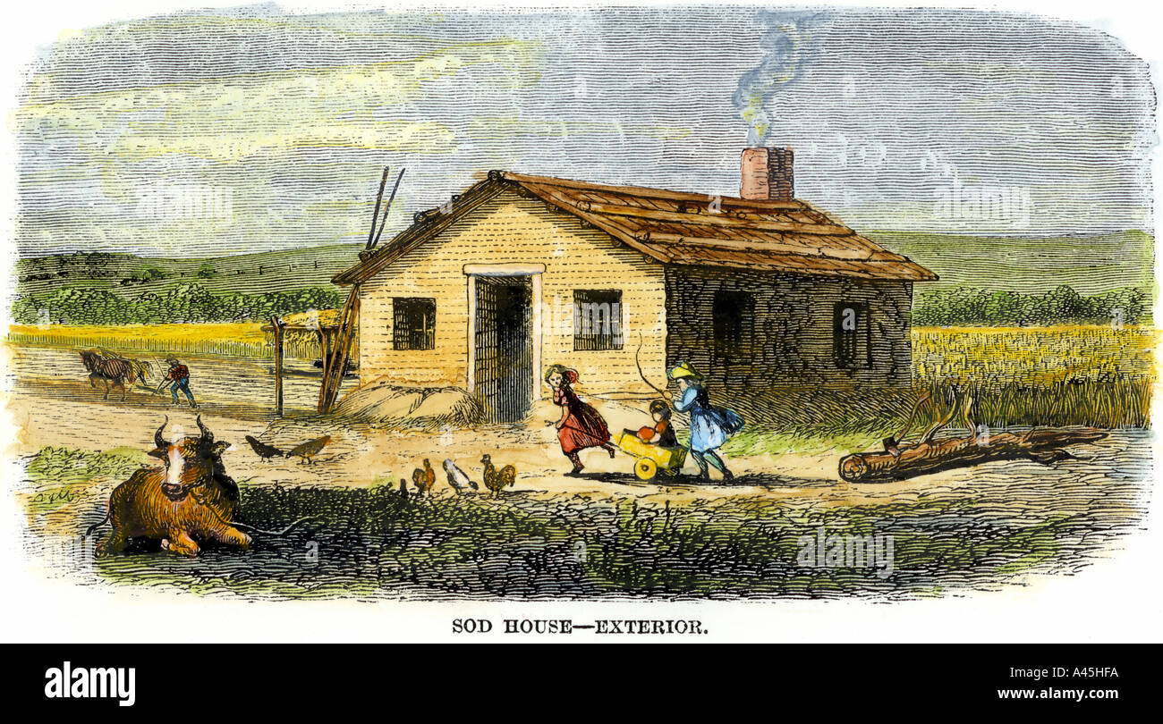 Homesteader sod Haus einer Familie, die auf der Great Plains 1800. Hand - farbige Holzschnitt Stockfoto