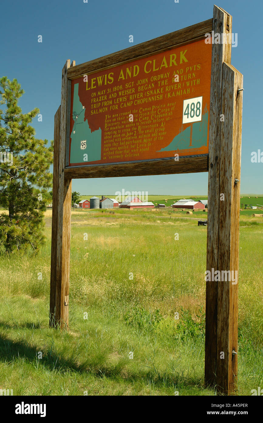 AJD56169, ID in Grangeville, Idaho, Camas Prairie, Nez Perce National Historic Trail, interpretierende Zeichen historischer marker Stockfoto