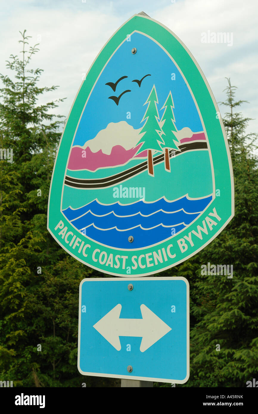 AJD55461, Gabeln, Pacific Coast Scenic Byway, WA, Washington, Pacific Ocean, Olympic Peninsula, Route 101, Straßenschild Stockfoto