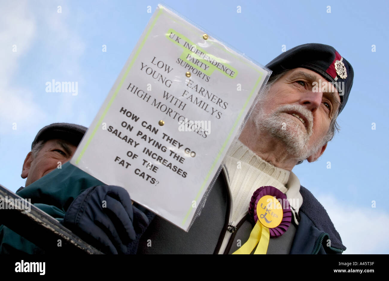 Ein Mann mit einem uk Independence Party Rosette hält eine Fahne während des ist es fair, Rallye der Rentner in Trafalgar Square gegen Regierung Rat Steuern steigt Stockfoto