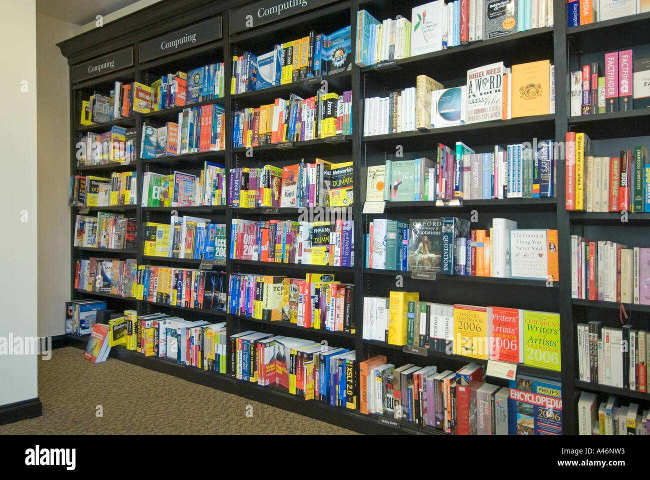 Farbenfrohe Innenauslage von Regalen voll mit vielen Sachbüchern zu zahlreichen Themen, die in der mit Teppich ausgelegten Buchhandlung England UK verkauft werden Stockfoto