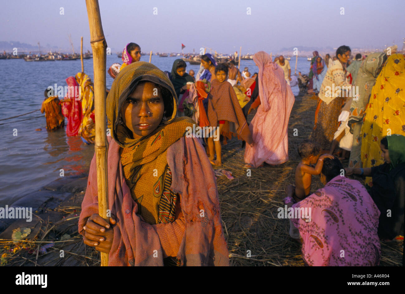 Pilger Baden am Maha Kumbh Mela, Allahbad Indien Stockfoto