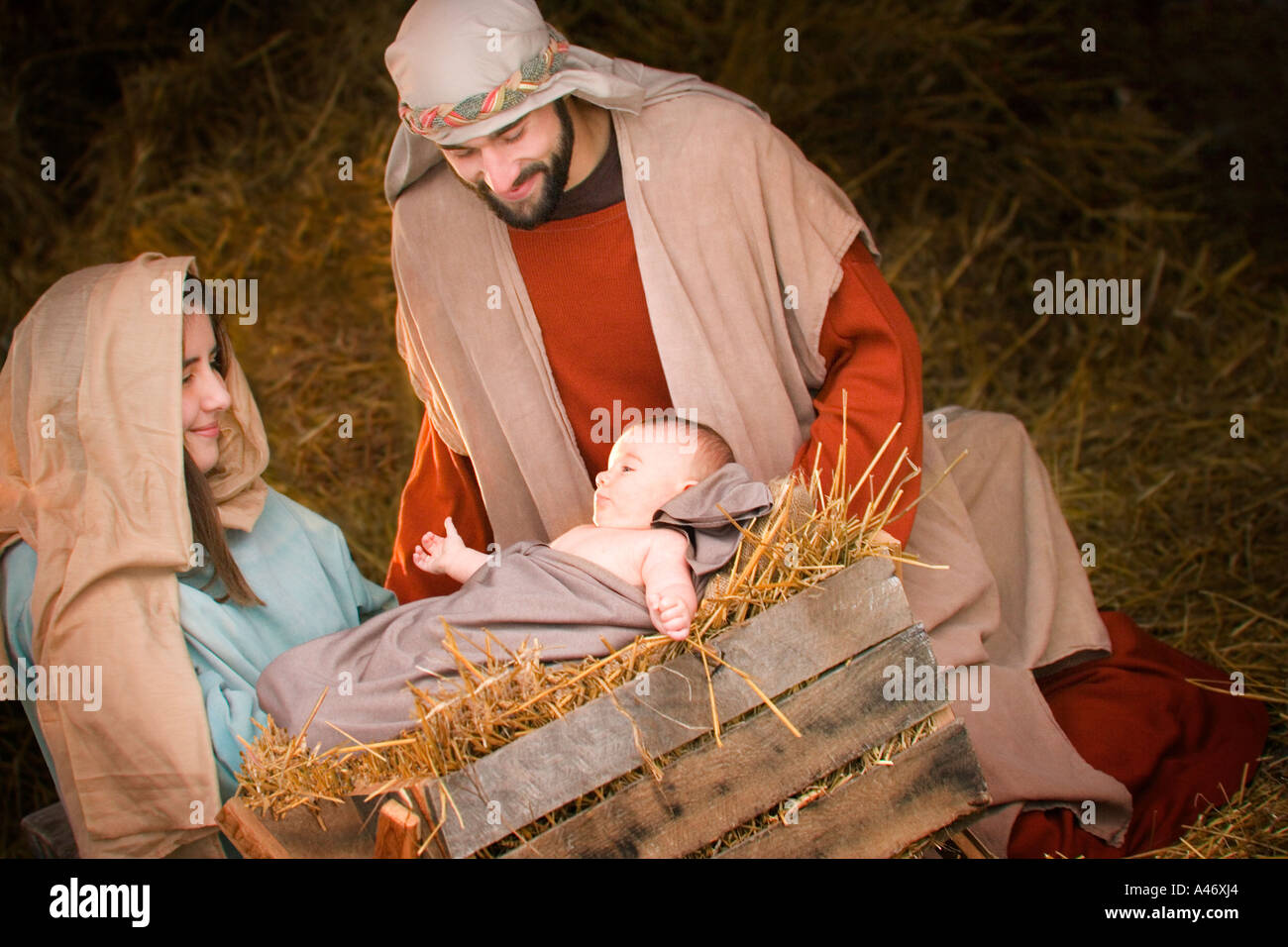 Mary Joseph und das Jesuskind Stockfoto