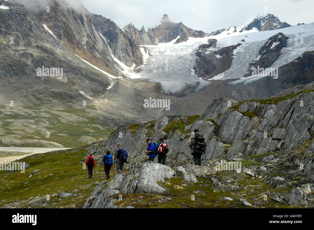 Wandergruppe bewegt sich in Richtung Bergwelt mit Gletschern Eastgreenland Stockfoto