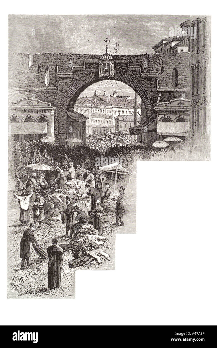 freien Markt Handel Händler Russland Russische Sowjetunion UdSSR kaufen verkaufen Stadt Mauer Bogen Geschäft shoppen shopping Tracht c Stockfoto