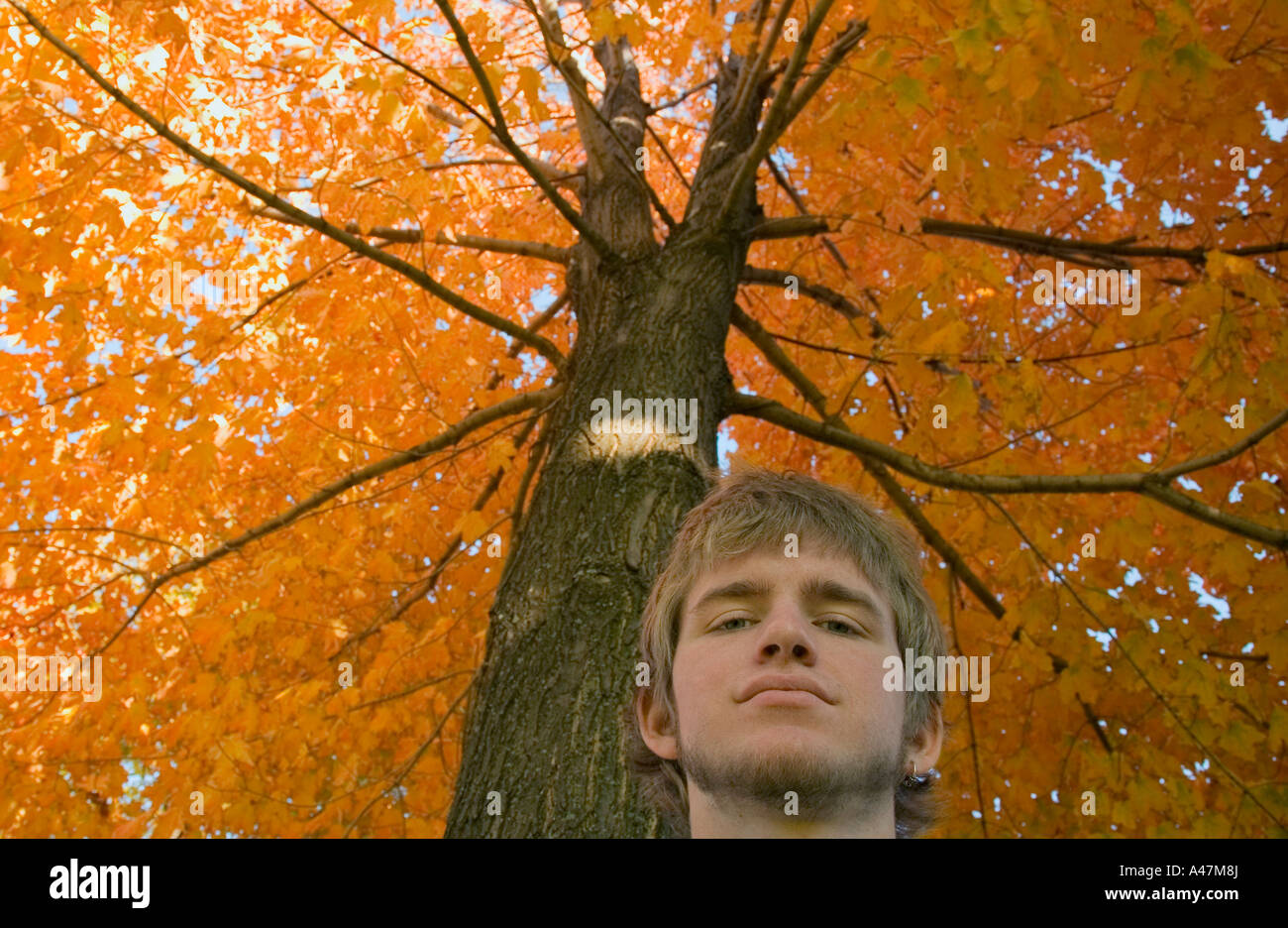 Porträt von Teenager mit Herbstlaub Stockfoto