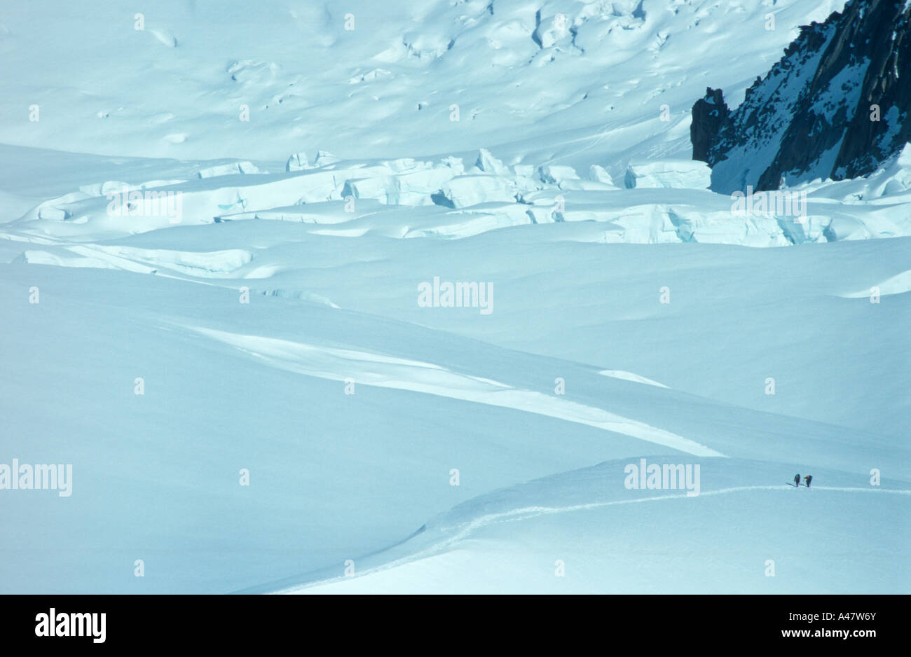 Eine Gruppe von Bergsteigern Emissionshandelsystem ihrer Umgebung, wie sie den Geant Gletscher hoch in den französischen Alpen überqueren Stockfoto