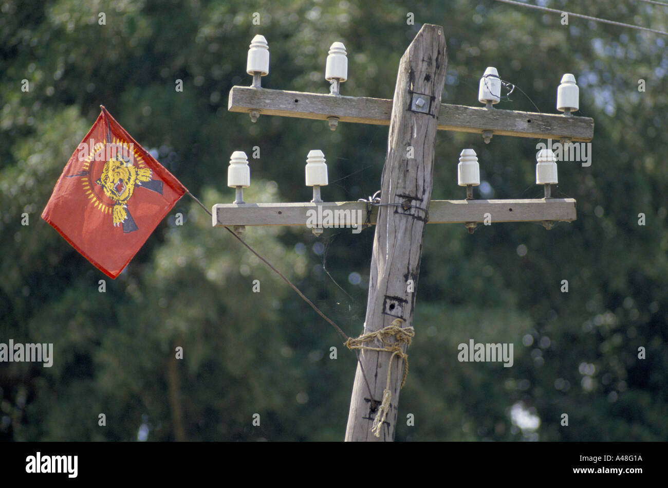 Tamil Tiger Flagge gebunden an einen Telegrafenmast. Jaffna Stadt 1990 Stockfoto