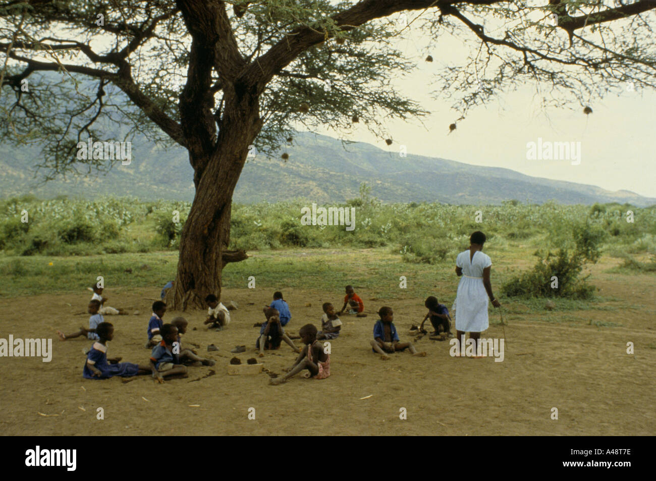 Masai Kinderwunsch Lektion unter Baum Kenia Magadi Kenia Stockfoto