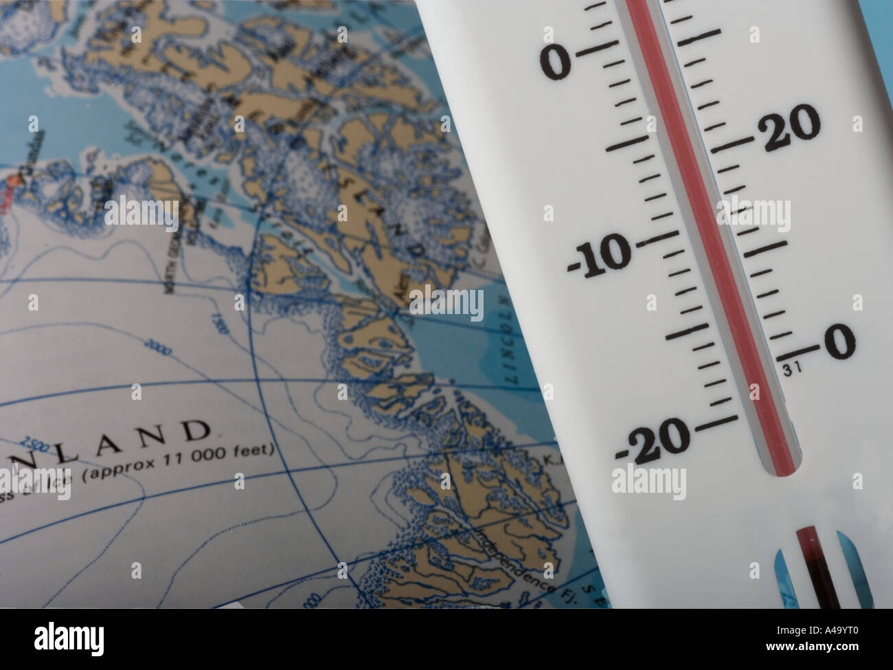 Antarktis Karte und Thermometer zeigen Erwärmung Stockfoto
