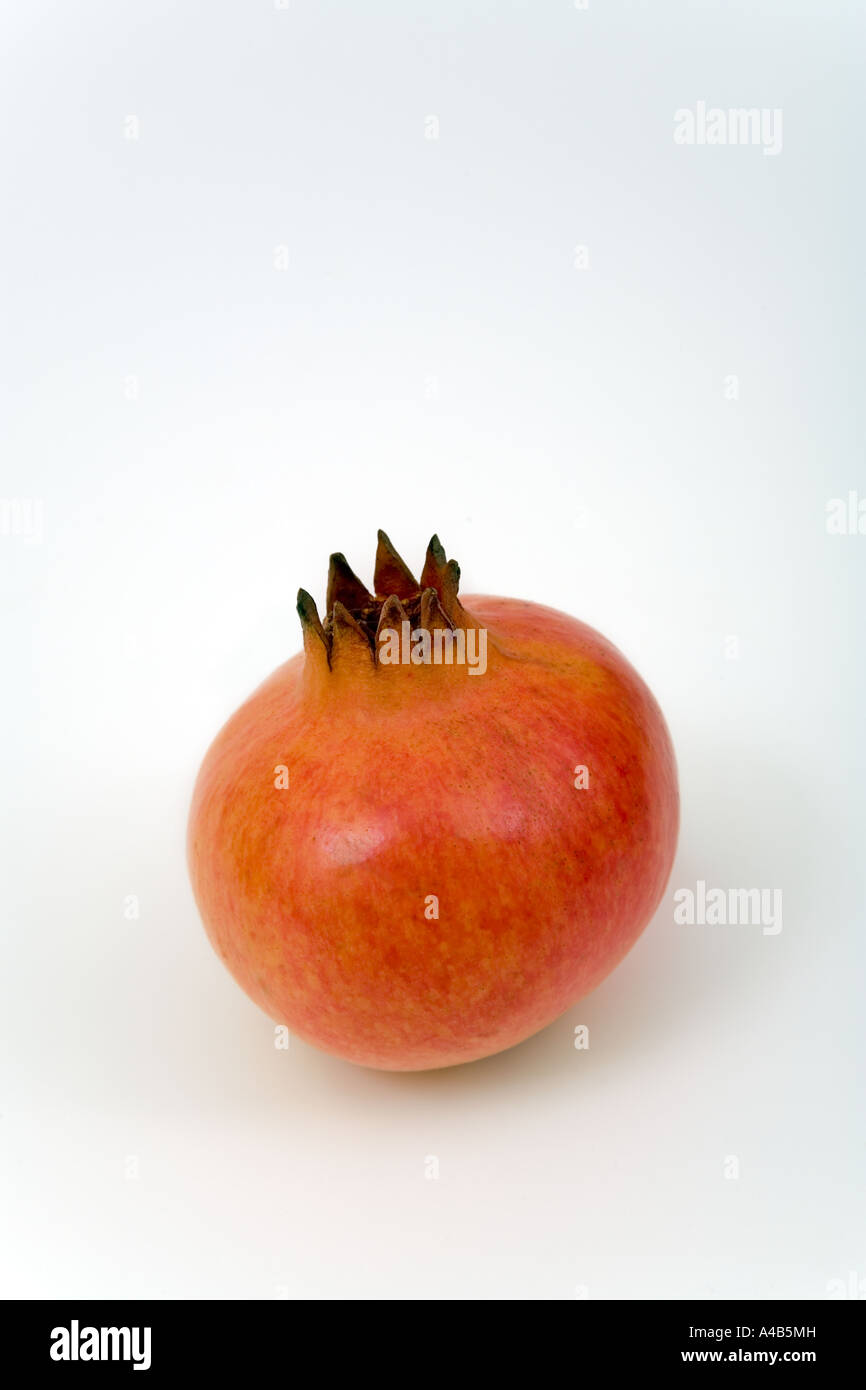 Einzelner Granatapfel auf weißem Hintergrund von oben gesehen positioniert Um Platz für die Kopie zu lassen Stockfoto