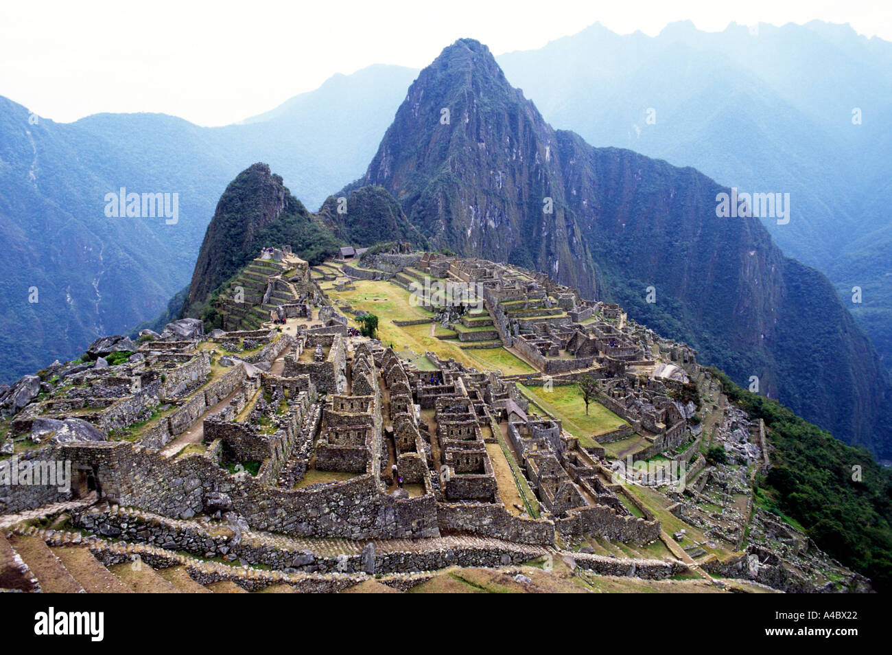 Machu Picchu, Peru. Übersicht des Standortes Hauptort. Stockfoto