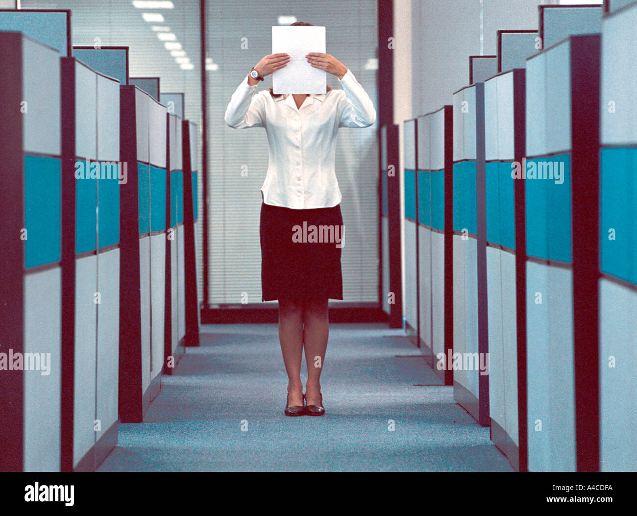 Ein Büroangestellter Frau verbirgt sich hinter einem Blatt Papier Stockfoto