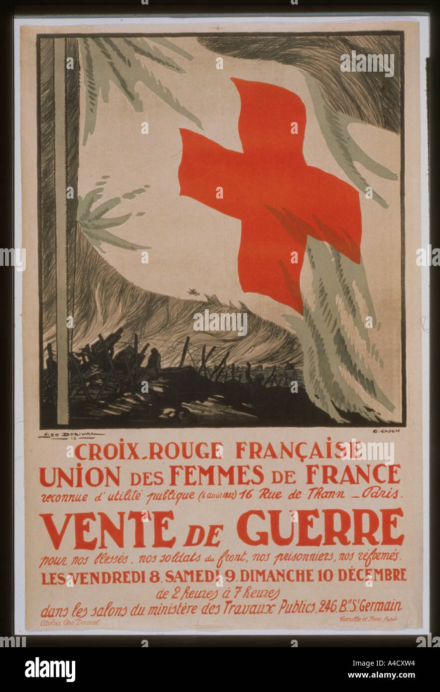 Plakat 1916 Frankreich große rote Kreuz Flagge im Vordergrund Silhouette von einem Schlachtfeld im Hintergrund Stockfoto