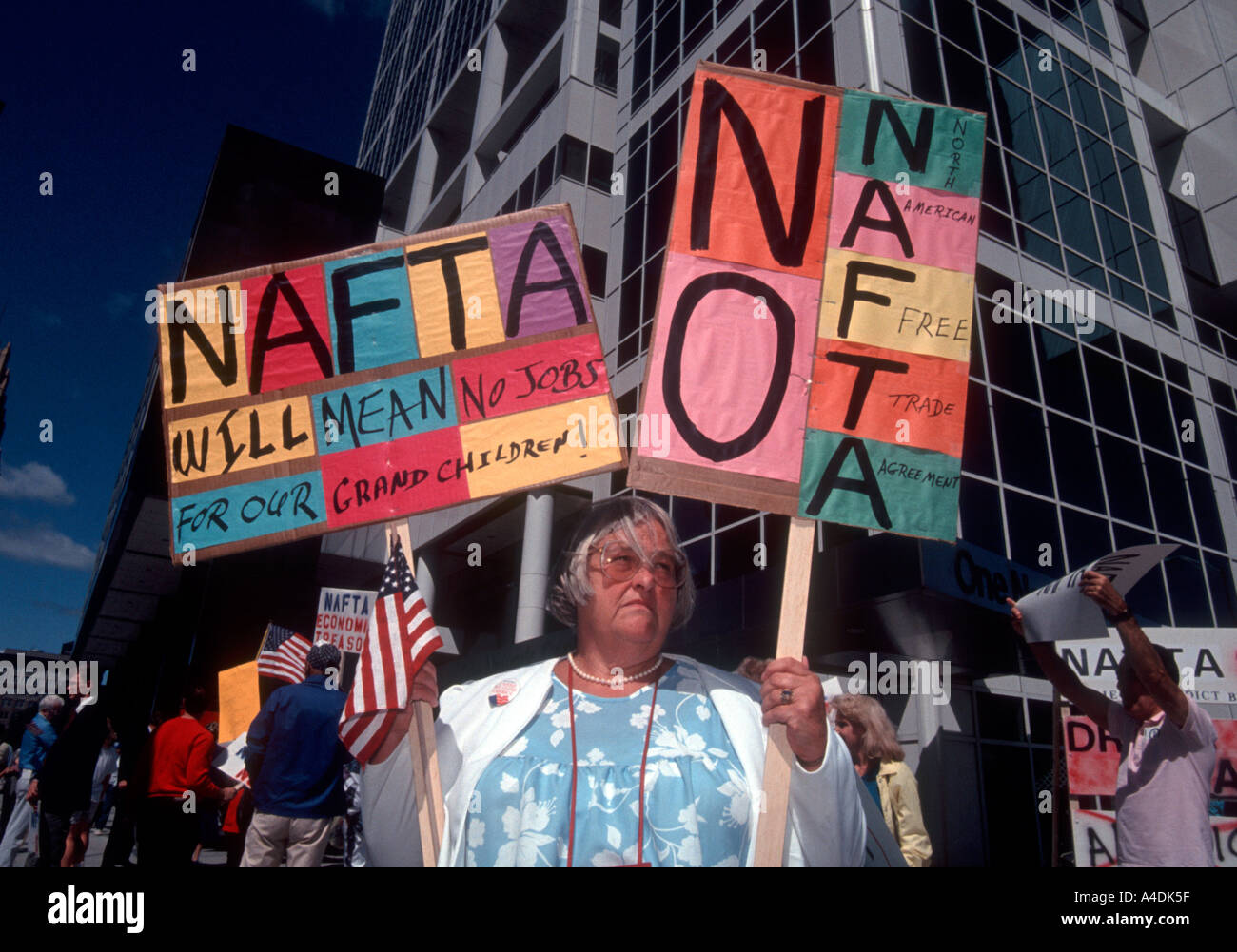 Aktivisten protestieren NAFTA-North American Free Trade Agreement im September 1993 Stockfoto
