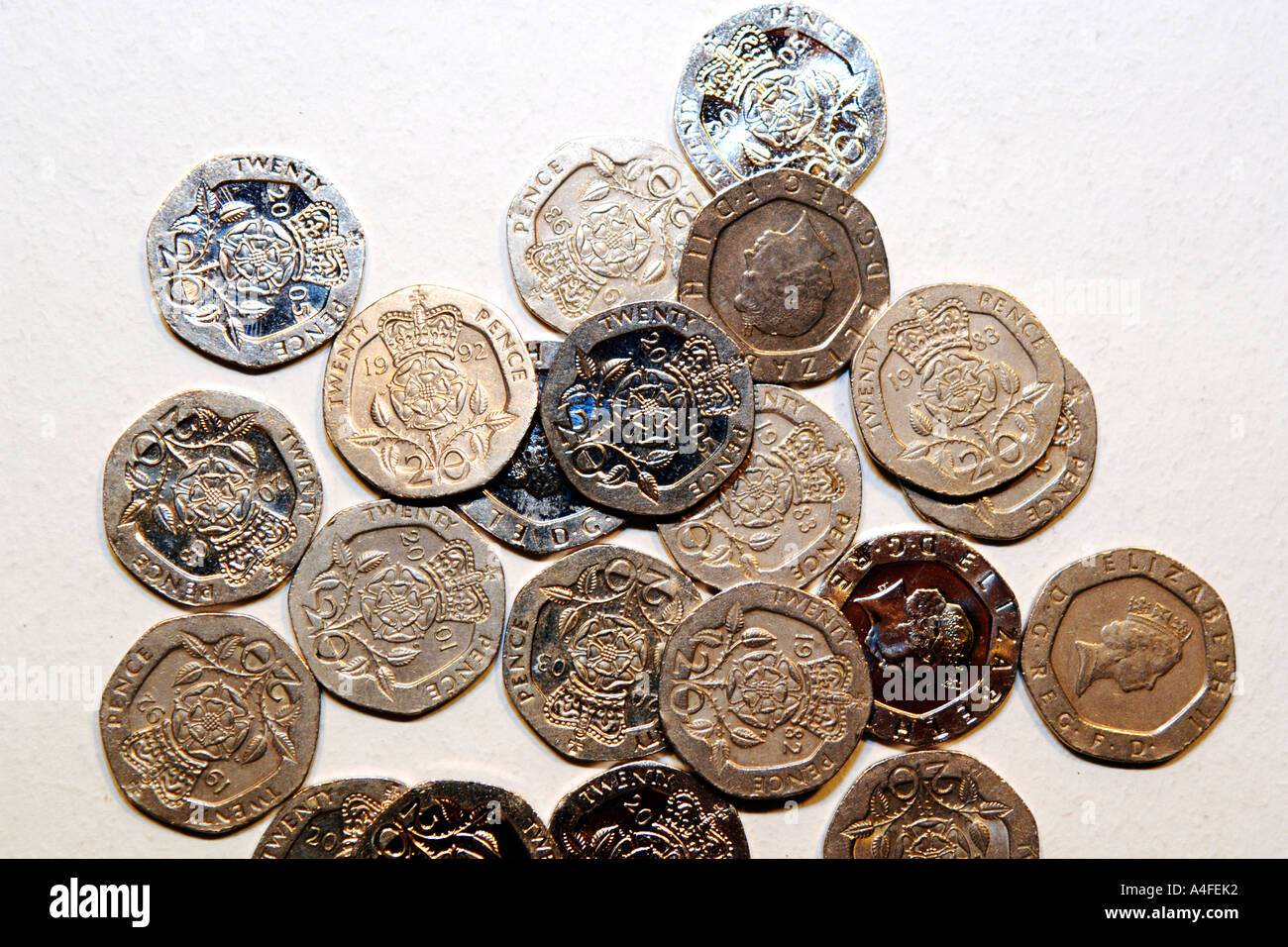 Englische 20p Münzen. Stockfoto