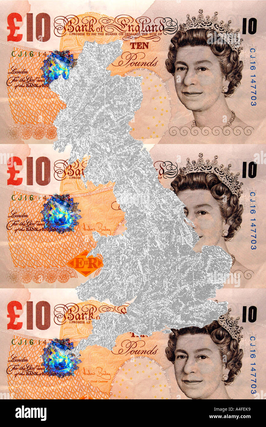 England-Konzept Foto von zehn Pfund-Noten und die Umrisse von Großbritannien. Stockfoto