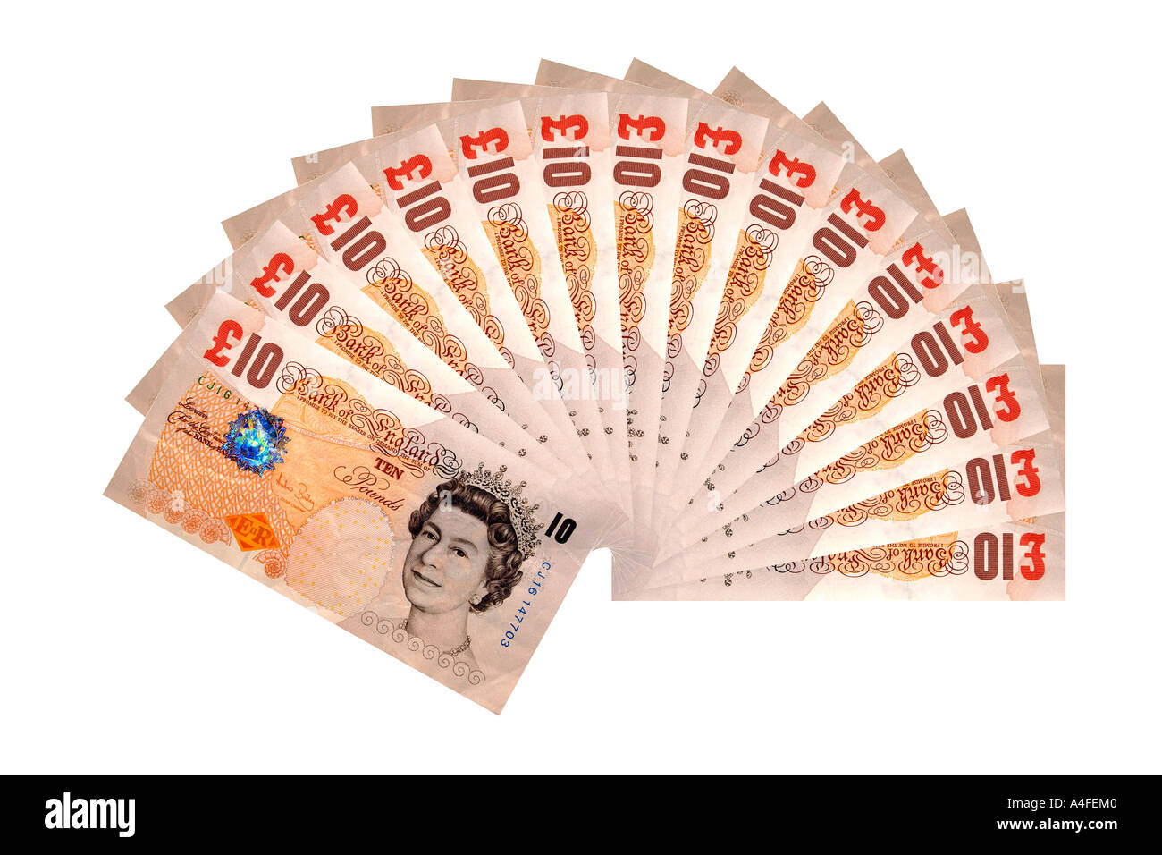 Fan von 10 Pfund-Noten auf einem weißen Hintergrund. Stockfoto