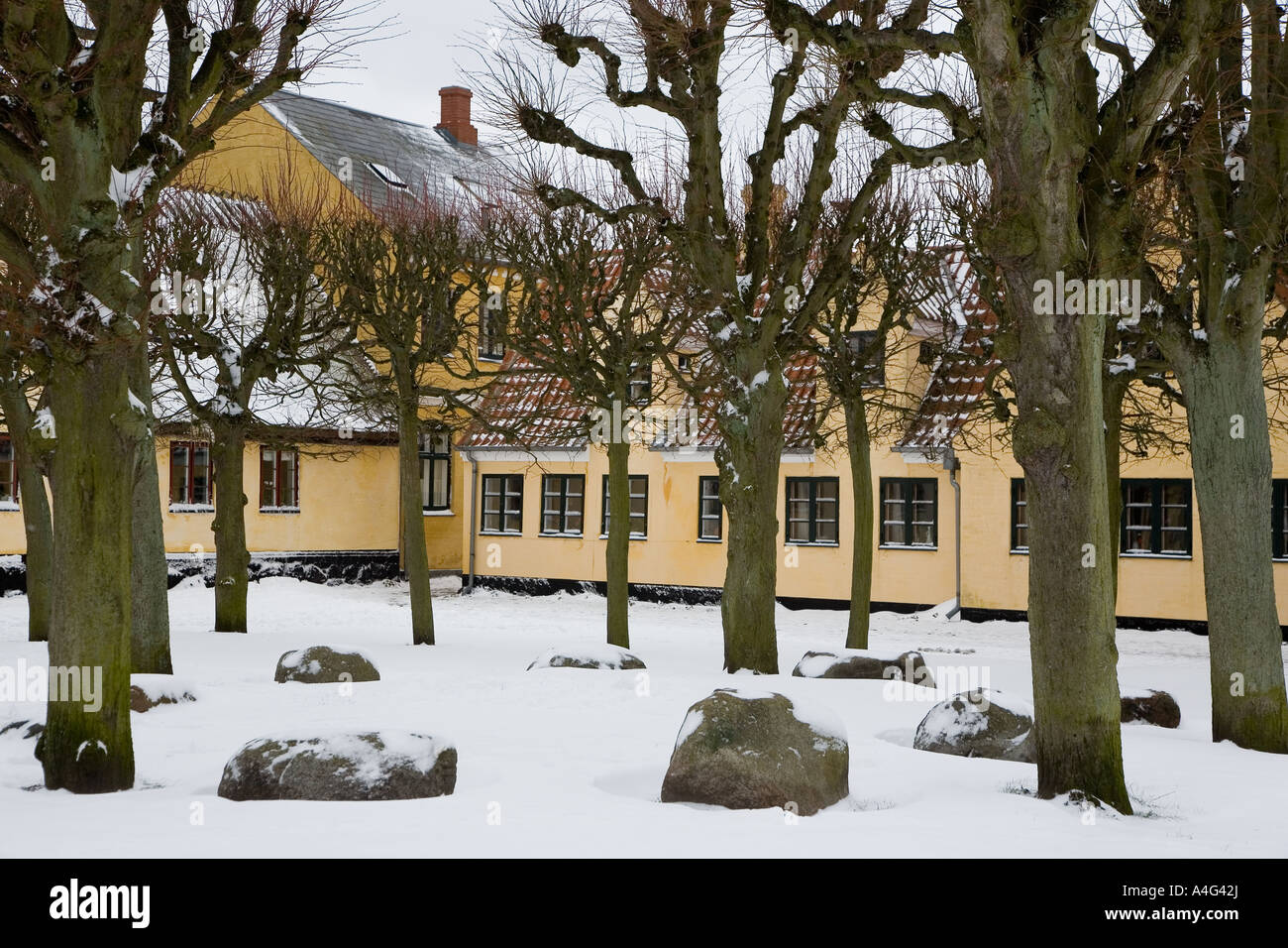 Verschneite Dänisches Dorf Stockfoto