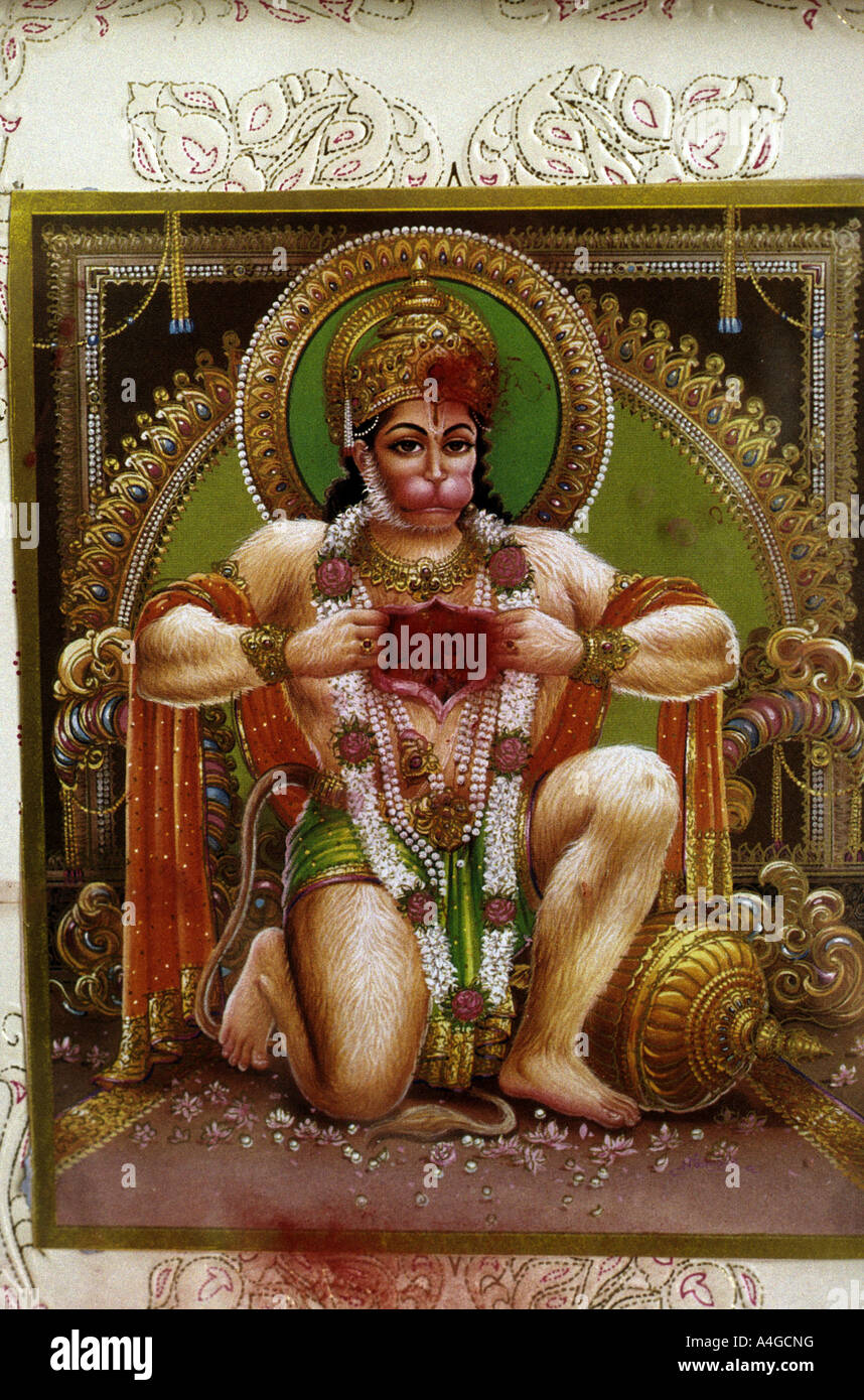 Hindu-Gott Hanuman reißen öffnen seine Brust um Rama und Sita in seinem Herzen zu offenbaren. Stockfoto