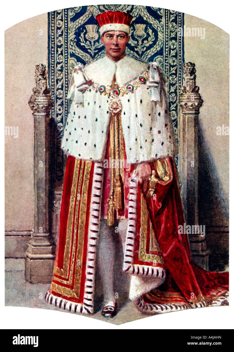 George VI im Coronation Roben: Die purpurnen Gewand, mit der Gap in der Wartung, 1937. Artist: Fortunino Matania Stockfoto