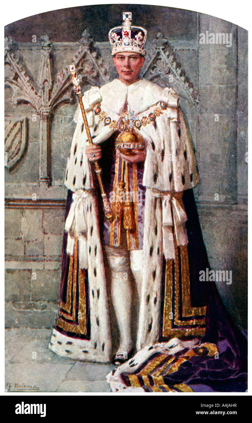 George VI im Coronation Roben: das Gewand der lila Samt, mit dem Imperial State Crown, 1937 Künstler: Fortunino Matania Stockfoto