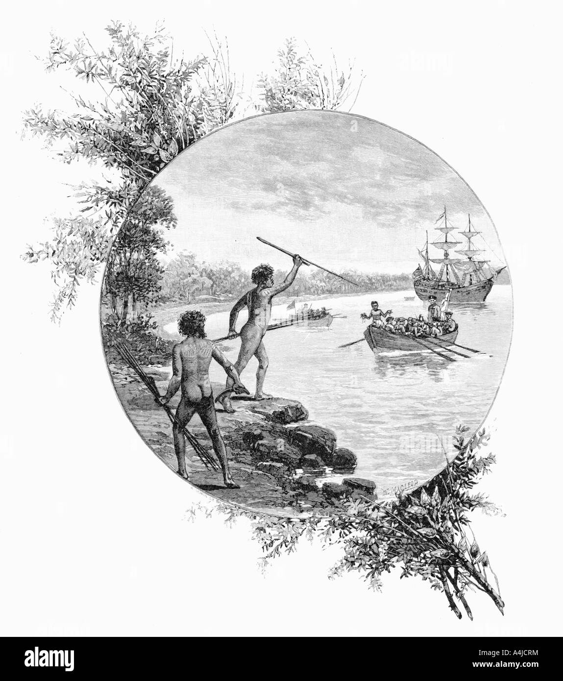 Natives gegnerischen Kapitän Cook's Landing, Australien, 1770 (1886). Artist: W Macleod Stockfoto