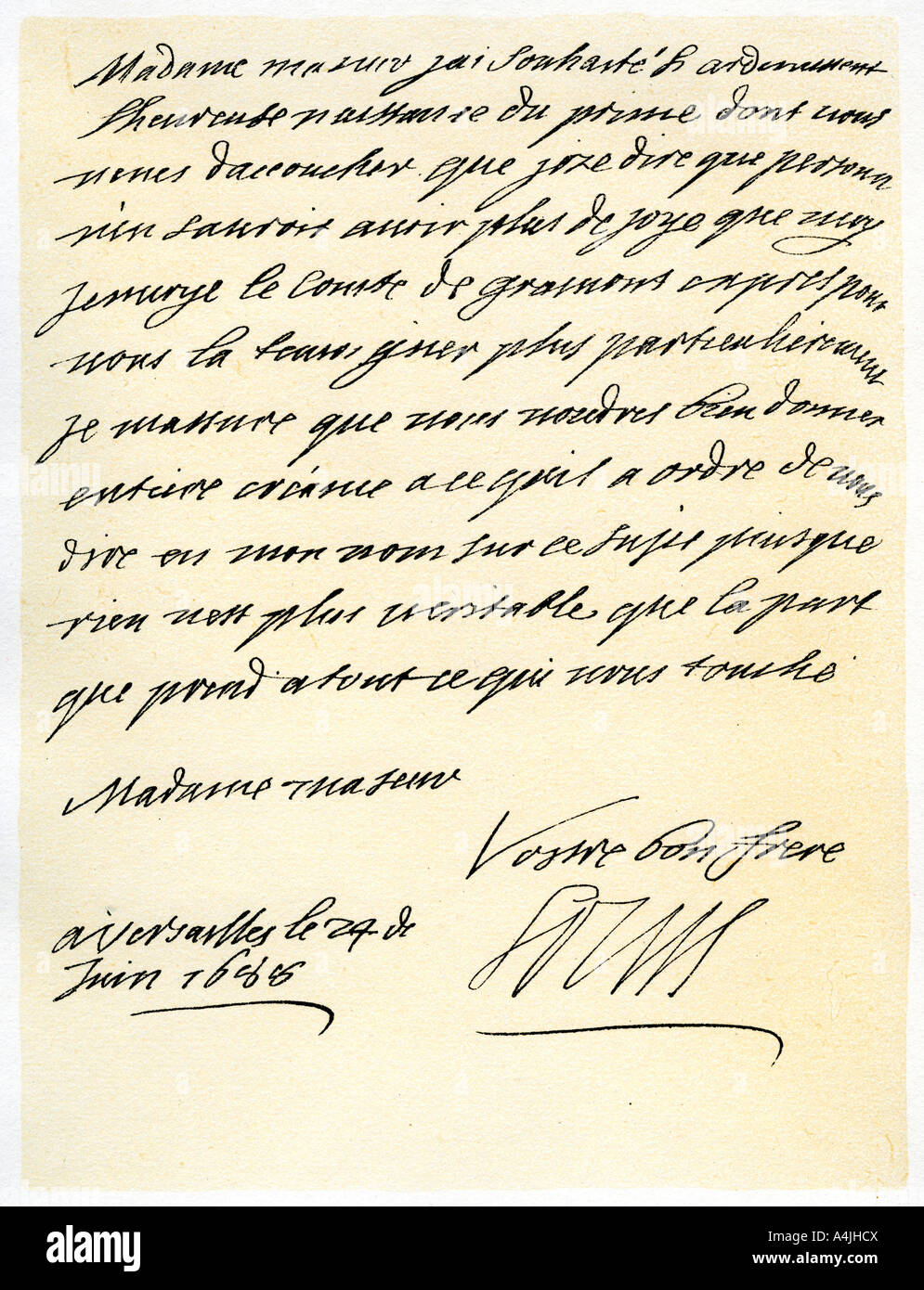 Brief von Ludwig XIV. von Frankreich zu Maria von Modena, 24. Juni 1688. Artist: König Ludwig XIV. von Frankreich Stockfoto