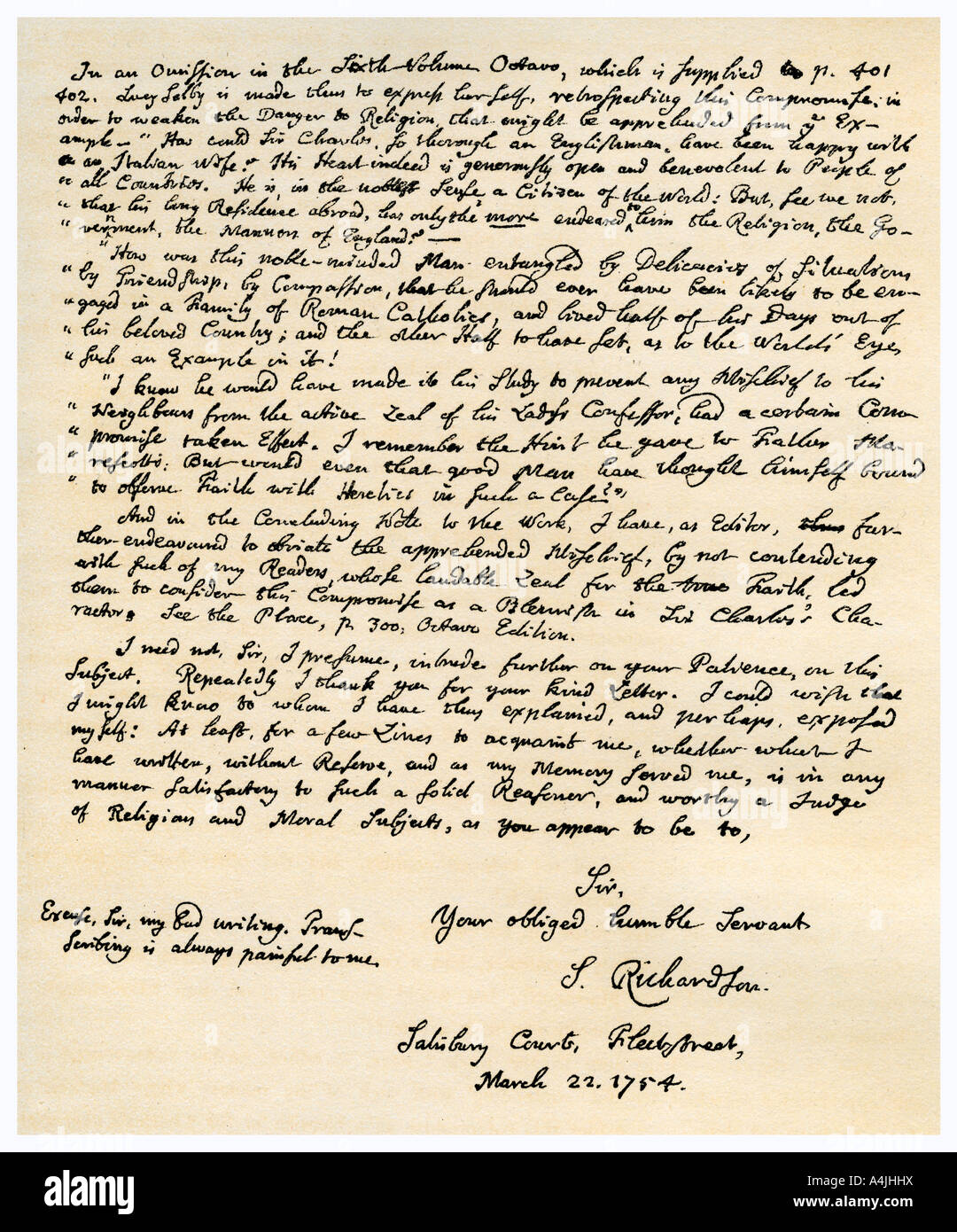 Brief von Samuel Richardson, 22. März 1754. Artist: Samuel Richardson Stockfoto