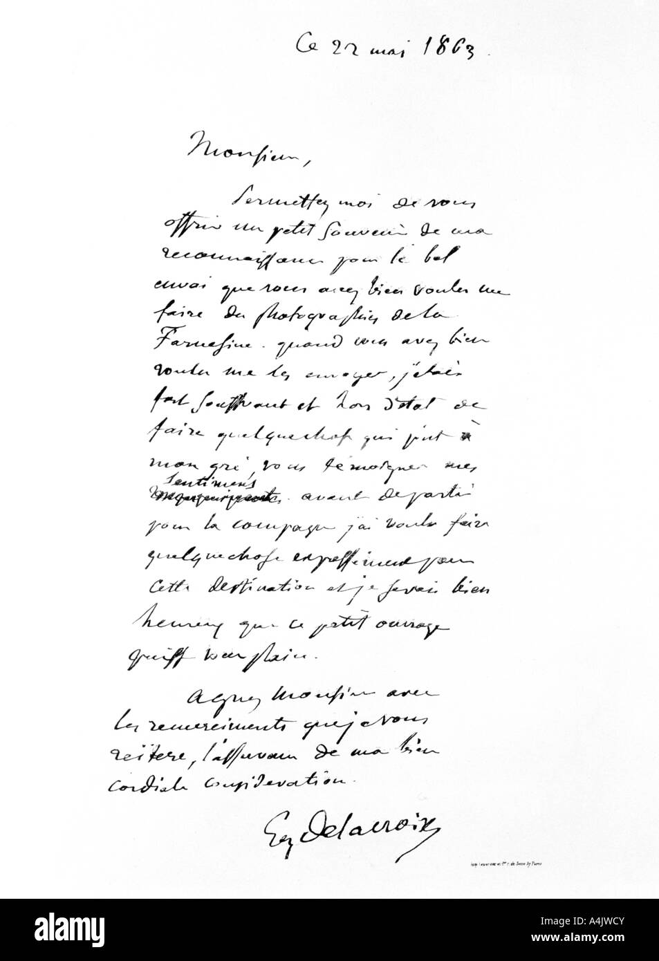 Brief unterzeichnet von Eugene Delacroix, Französische Romantik Künstler, 1863. Künstler: Eugène Delacroix Stockfoto