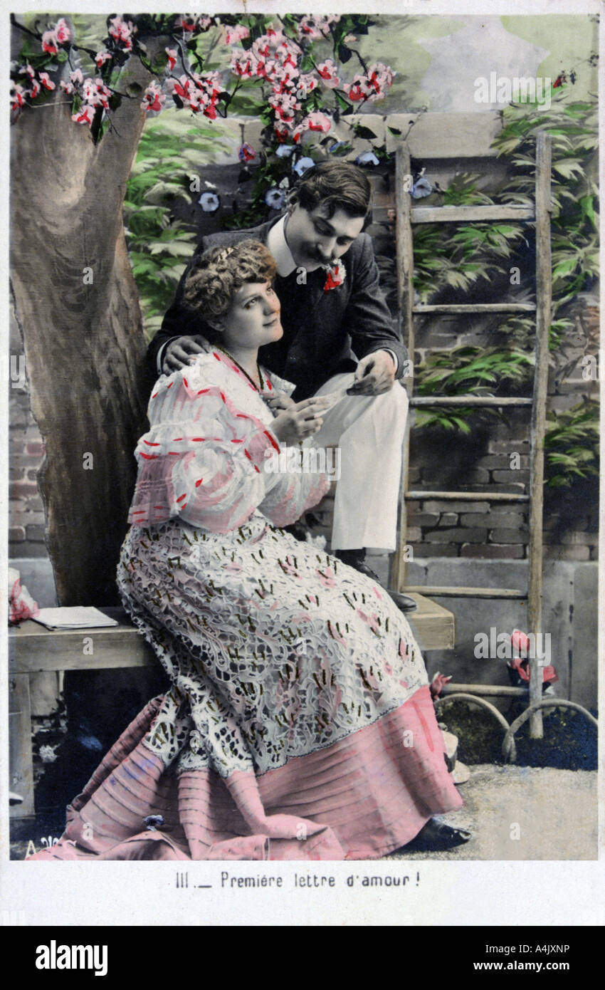 "Premiere Liebesbrief", vintage Französische Postkarte, c 1900. Artist: Unbekannt Stockfoto