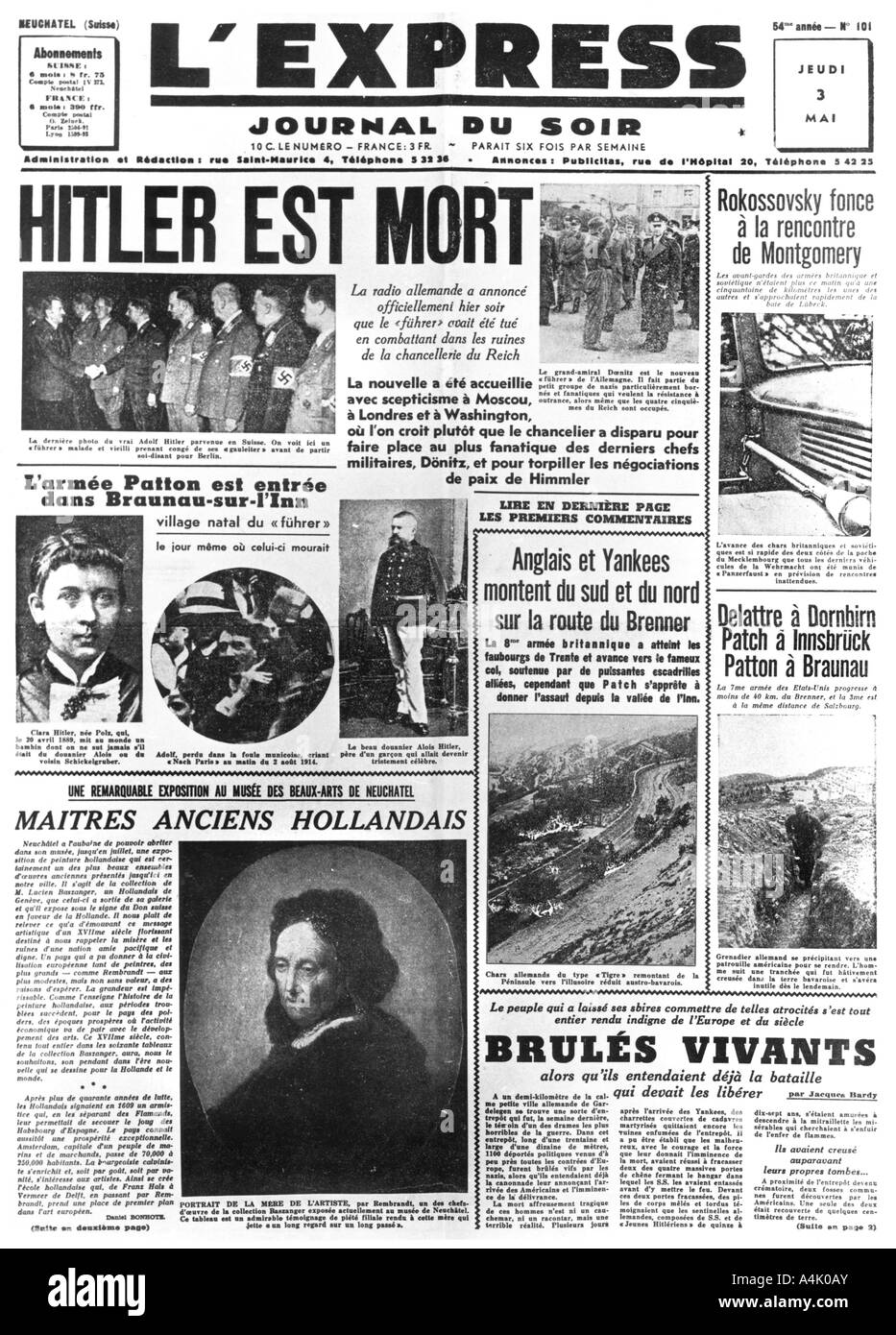 Hitler ist tot, Front Page von L'Express Zeitung, 3. Mai 1945. Artist: Unbekannt Stockfoto