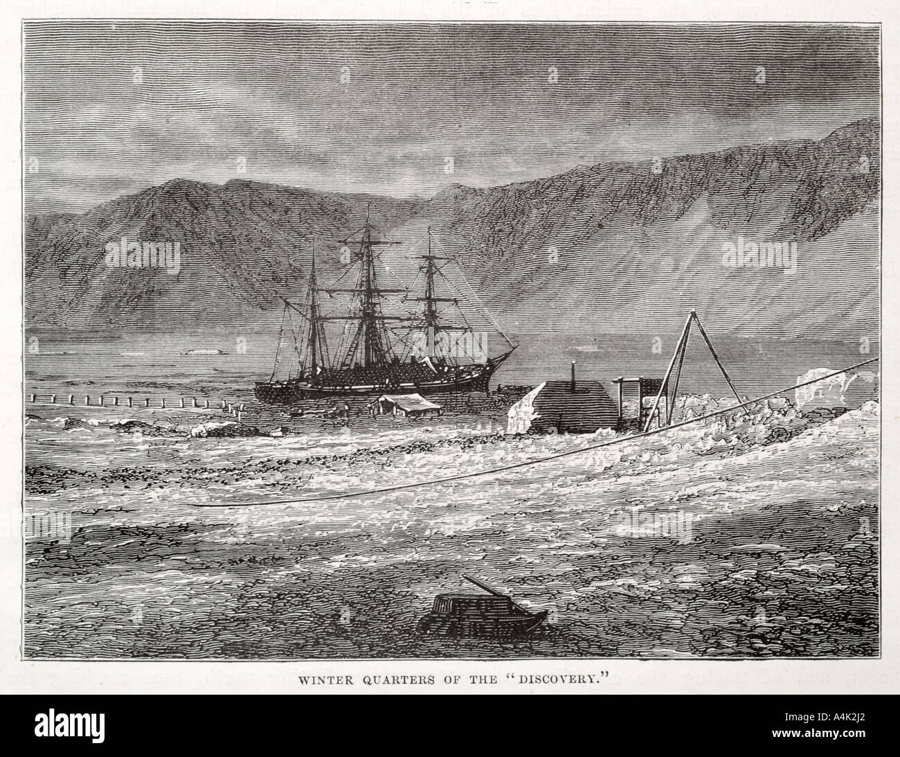 Winterquartier Entdeckung polare Arktis gefrorene Eis einfrieren Camp ertragen Segel erkunden marine maritime Nautik Meer weißen kalten Stockfoto