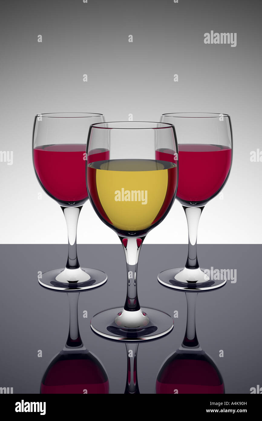 Drei Gläser von rot- und Weißwein auf einem dunklen reflektierenden Tisch (3D-Rendering) Stockfoto