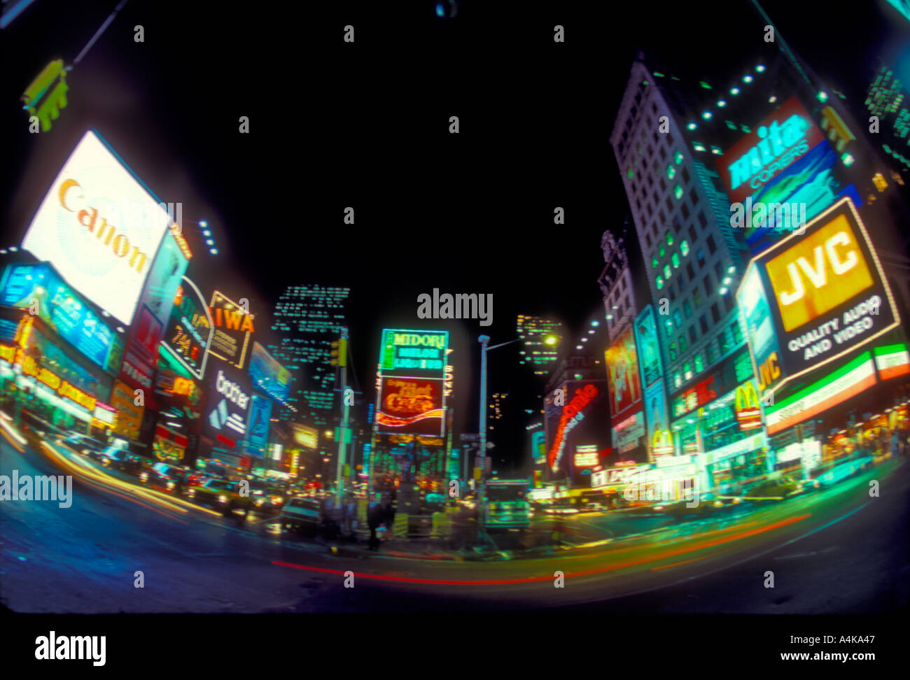fish eye view of Times Square in New York City on a rainy night Stockfoto