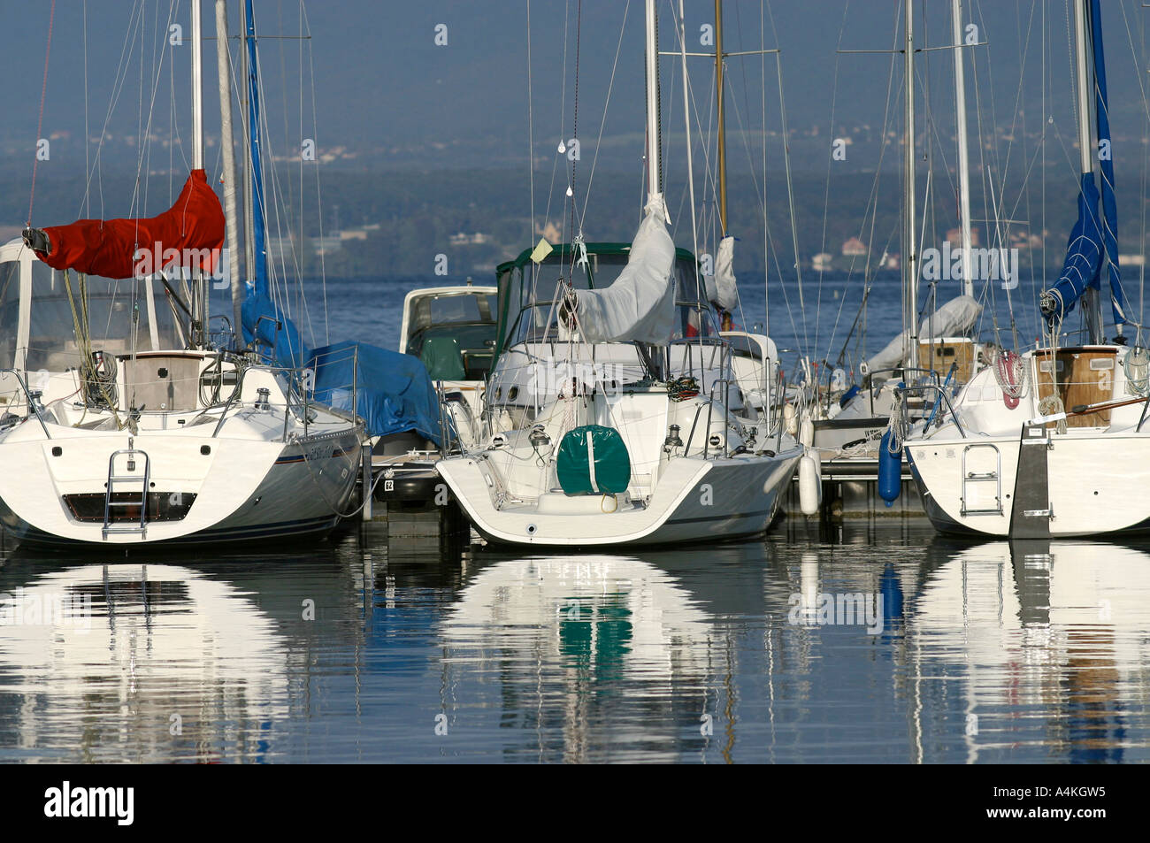 Schweiz, Boote vertäut am See Leman Stockfoto
