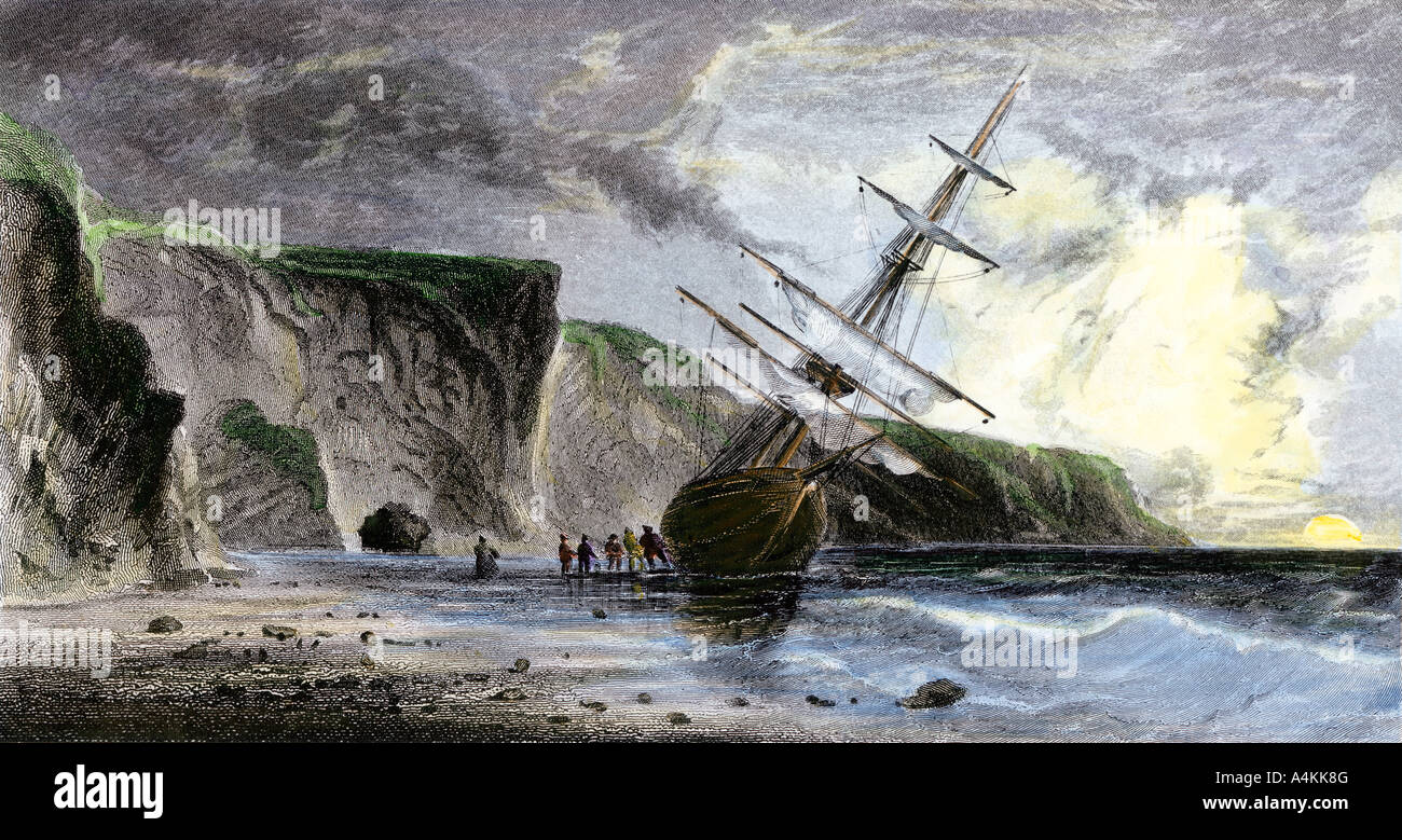 Henry Grinnell Havarie während Elisha Kent Kane expedition Suche nach Sir John Franklin unter der Mitternachtssonne 1853. Handcolorierte Stahlstich Stockfoto