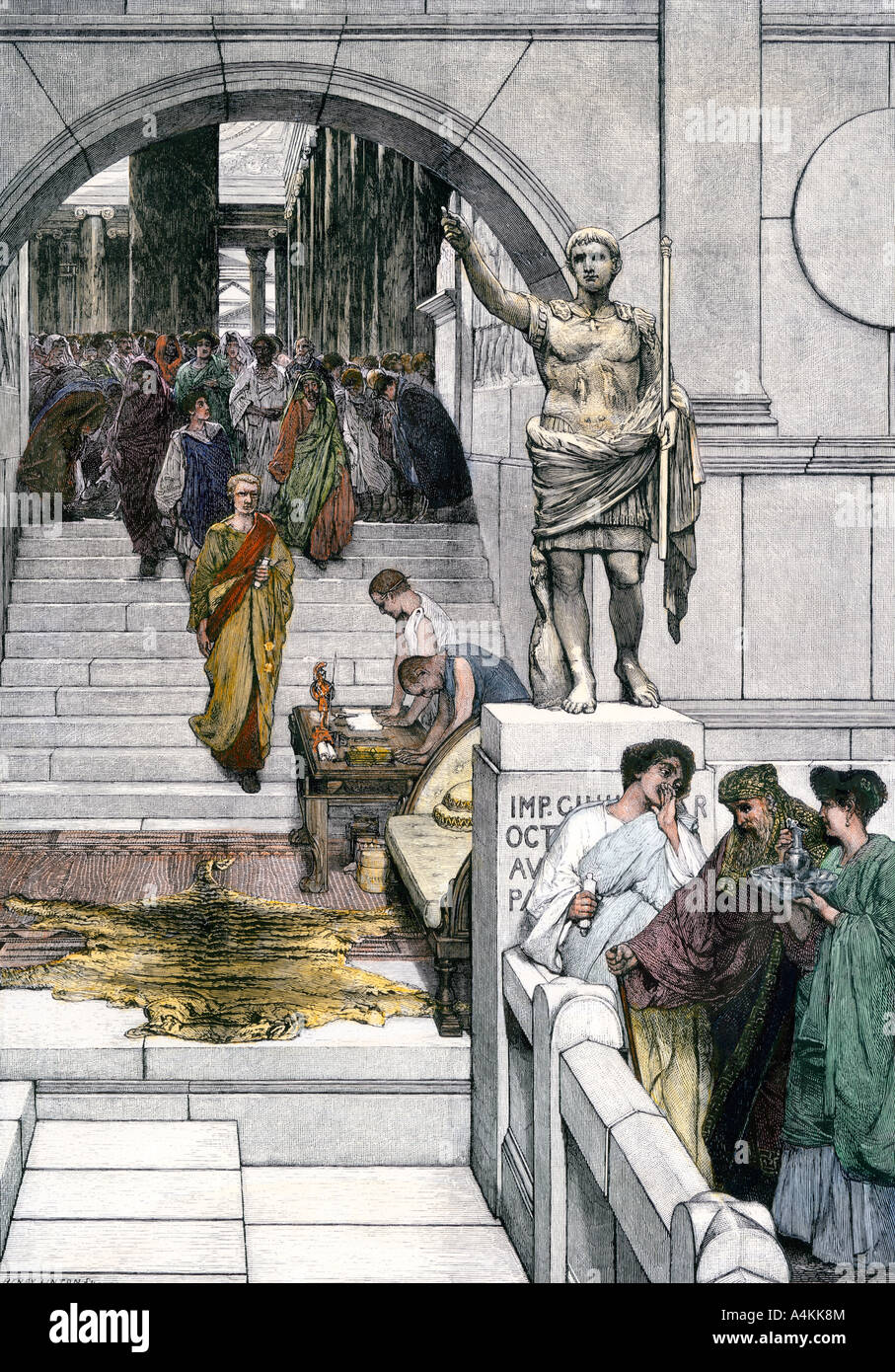Die Bürger treffen mit Agrippa im alten Rom in der Zeit des Kaisers Augustus. Hand - farbige Holzschnitt Stockfoto