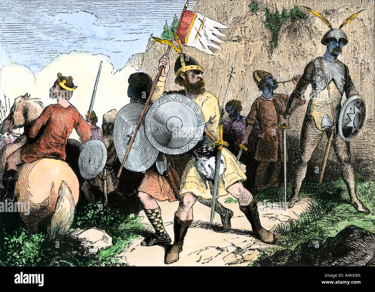 Die angelsächsischen Krieger des 10. Jahrhunderts in der Britischen Inseln. Hand - farbige Holzschnitt Stockfoto