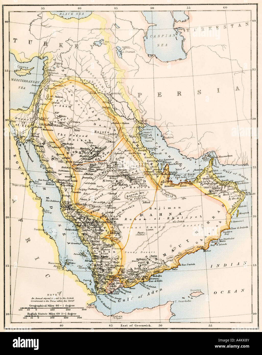 Karte von Arabien 1870. Farblithographie Stockfoto